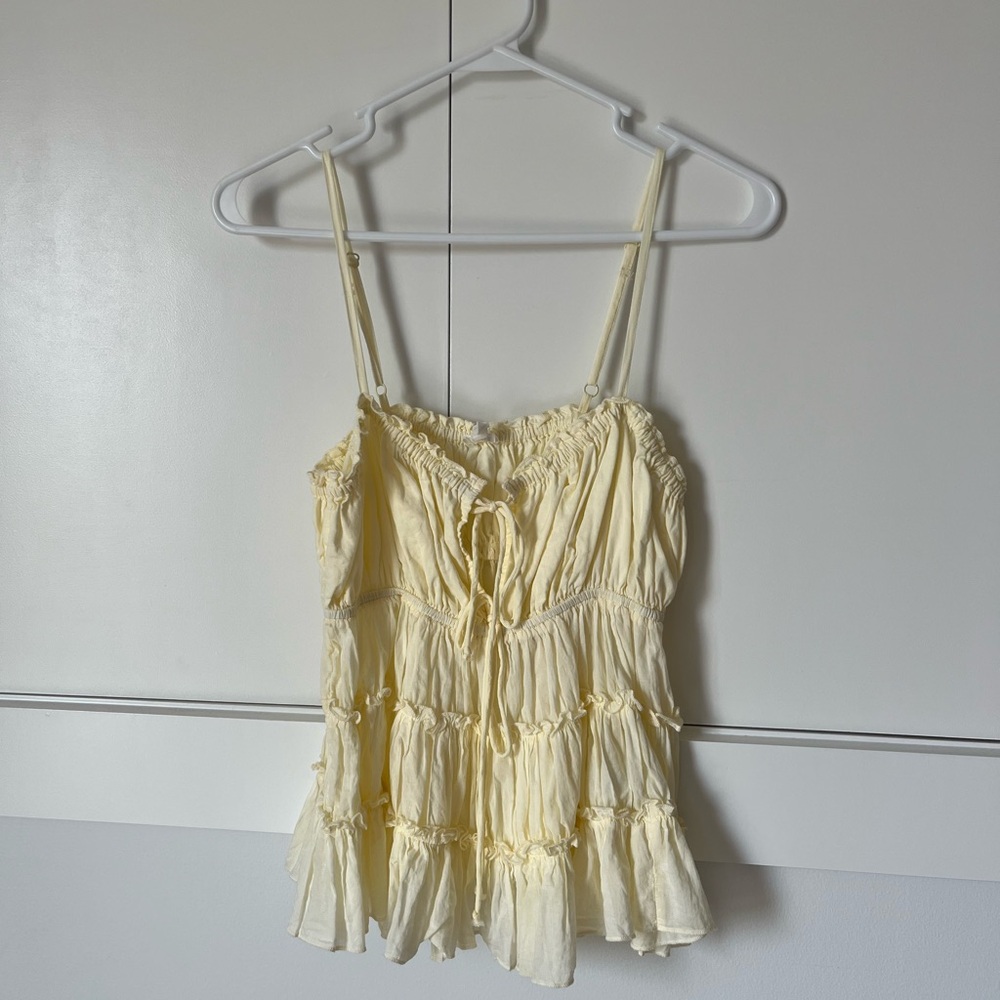 aerie Pale Yellow Smocked Ruffle Tank
